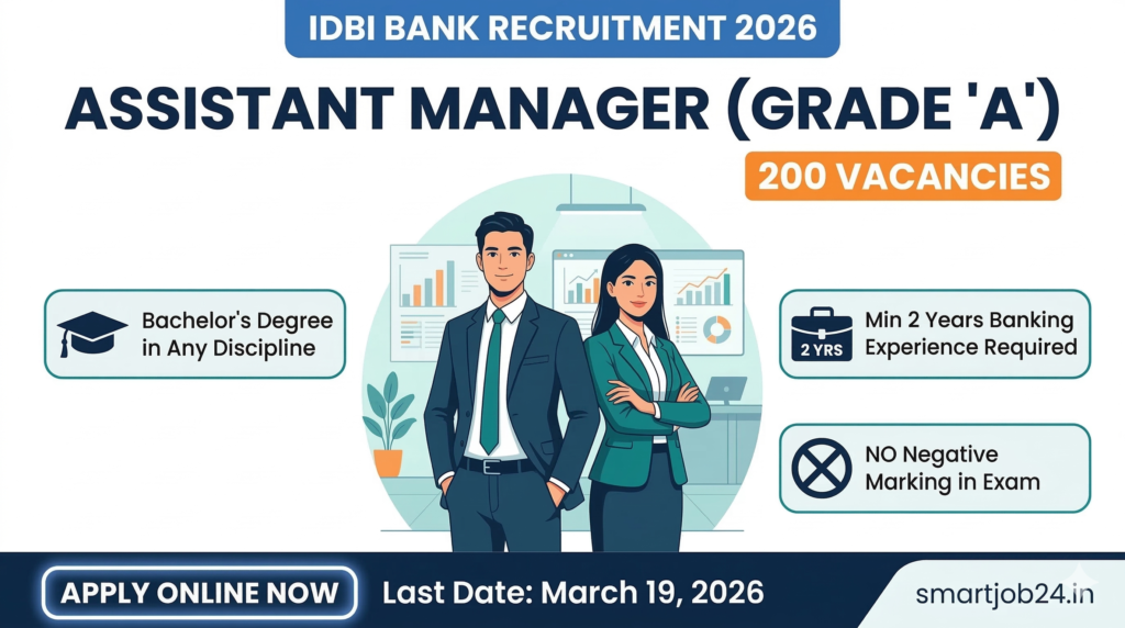 IDBI Bank Assistant Manager Grade A Recruitment 2026 for 200 Vacancies Apply Online